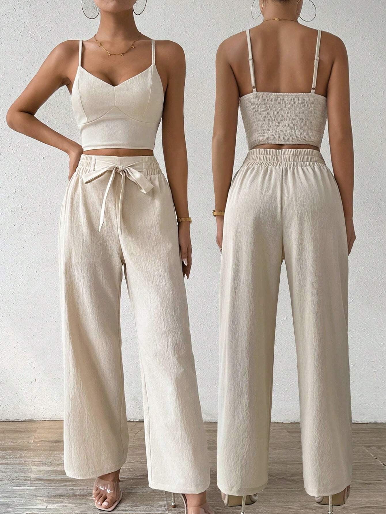 Rosydaze Women'S Push-Up Bra Cup Strap Top with Bowknot, Elastic Straight Pants, Holiday 2Pcs Set