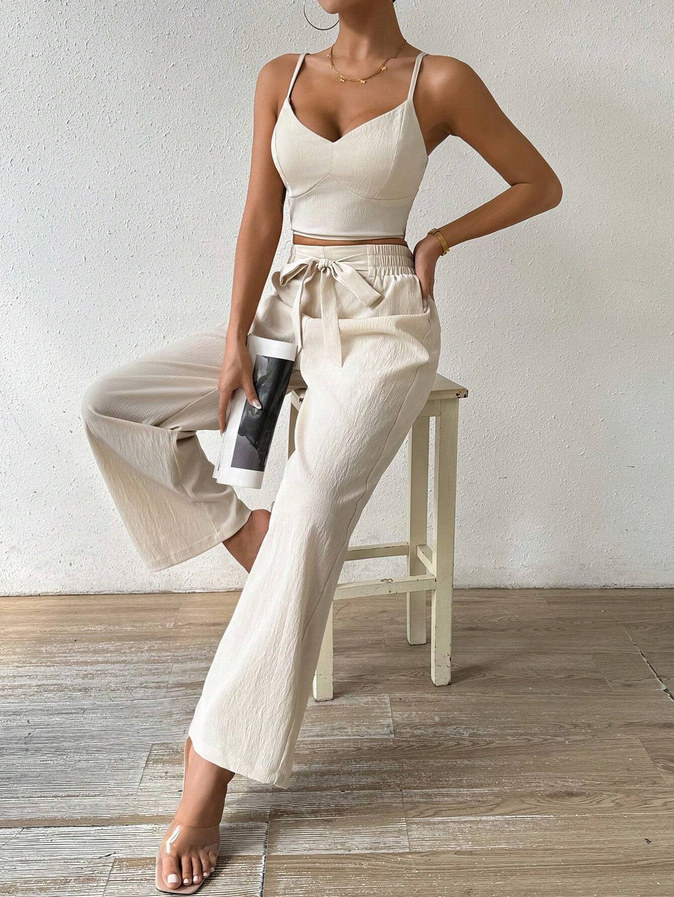 Rosydaze Women'S Push-Up Bra Cup Strap Top with Bowknot, Elastic Straight Pants, Holiday 2Pcs Set