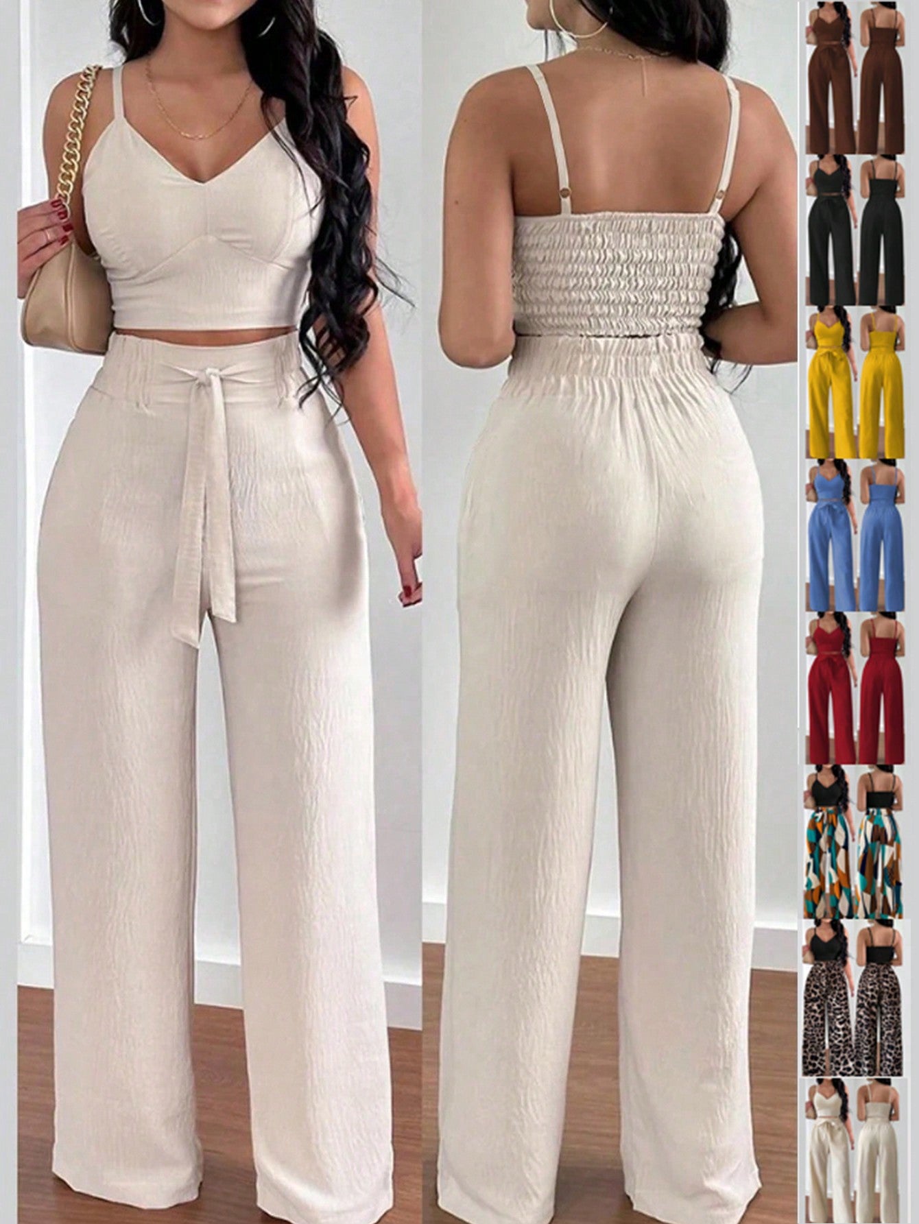 Rosydaze Women'S Push-Up Bra Cup Strap Top with Bowknot, Elastic Straight Pants, Holiday 2Pcs Set