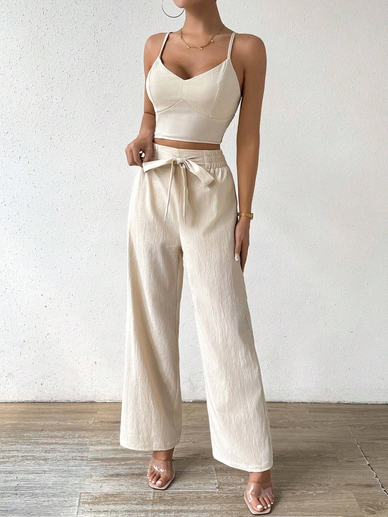 Rosydaze Women'S Push-Up Bra Cup Strap Top with Bowknot, Elastic Straight Pants, Holiday 2Pcs Set