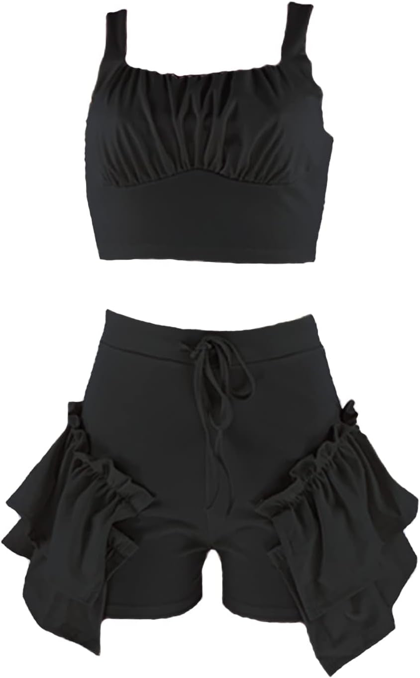 Womens Summer Workout Two Piece Outfits, Sexy Sleeveless Crop Top & Drawstring Ruffle Shorts Sets 2 Piece Tracksuit