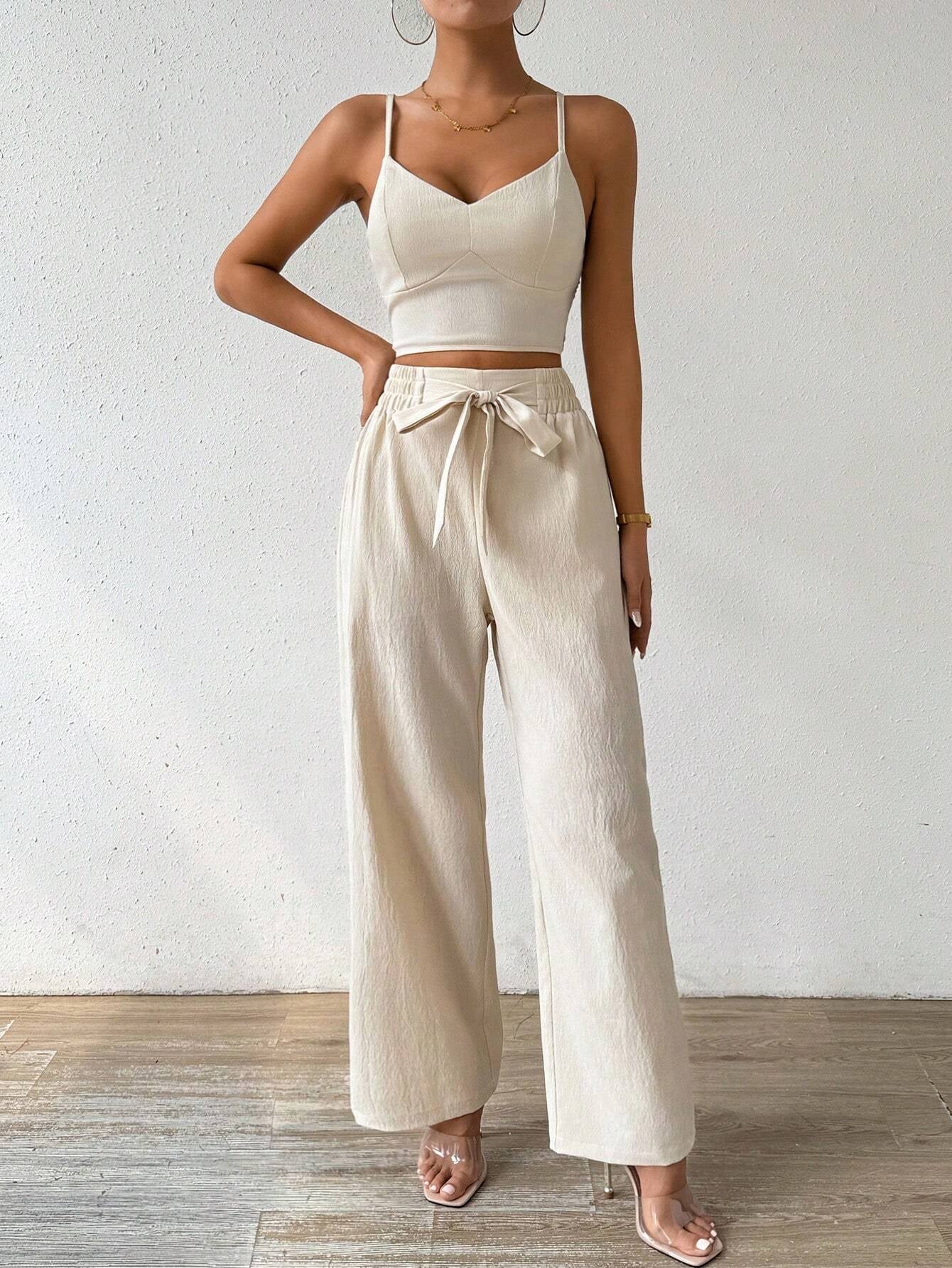 Rosydaze Women'S Push-Up Bra Cup Strap Top with Bowknot, Elastic Straight Pants, Holiday 2Pcs Set