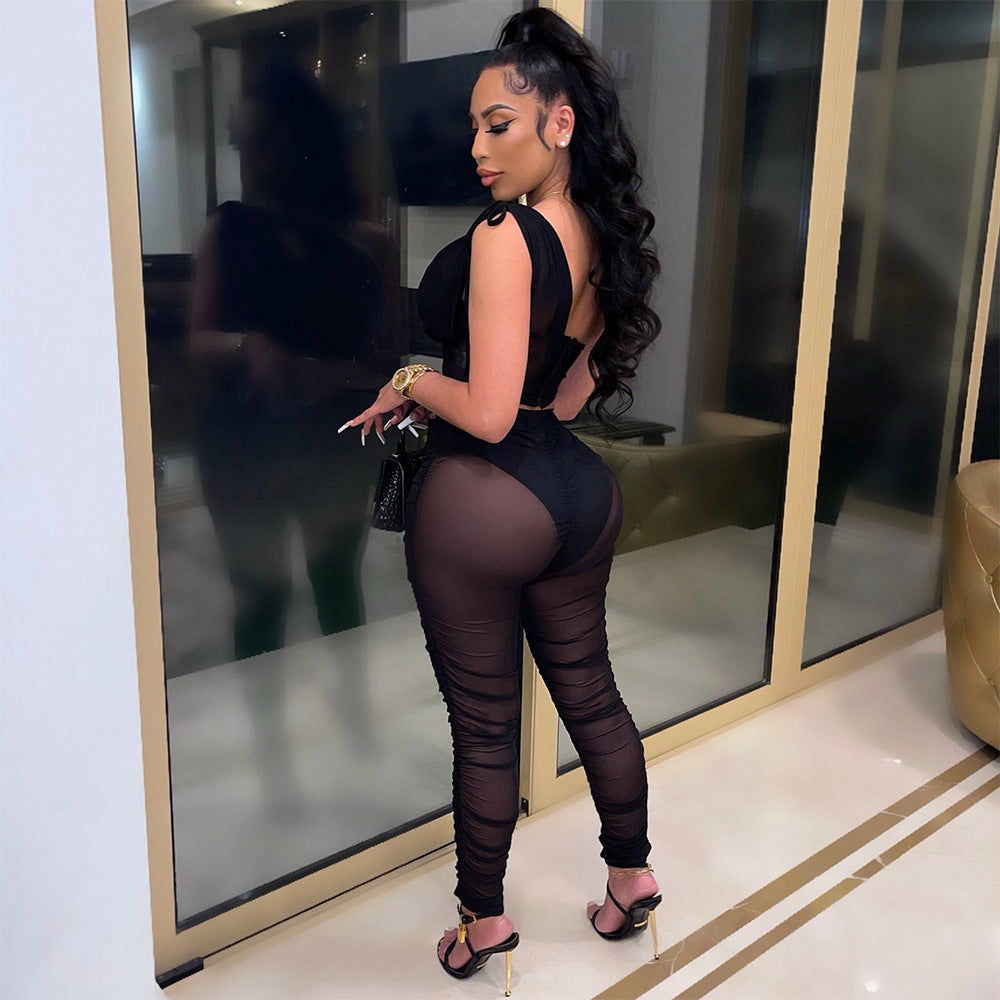 Women's Fashion Sexy Mesh See-through Irregular Top Two-piece Suit