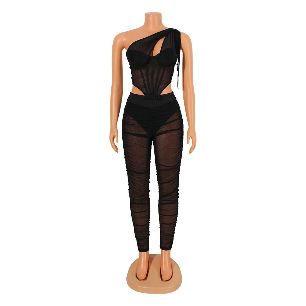 Women's Fashion Sexy Mesh See-through Irregular Top Two-piece Suit